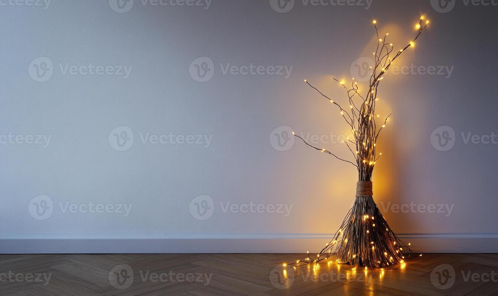 Elegant witch's broom wrapped in fairy lights, standing upright against a smooth gray wall photo