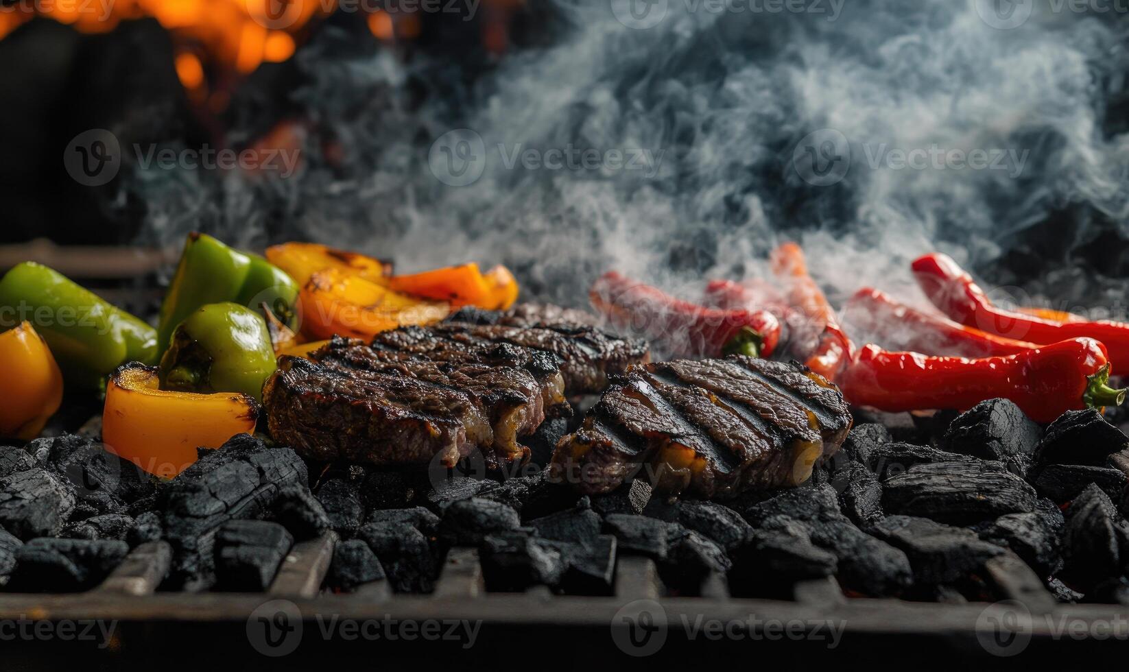 Hot, bright charcoal embers under a metal grill, vegetables and meat caramelizing above photo