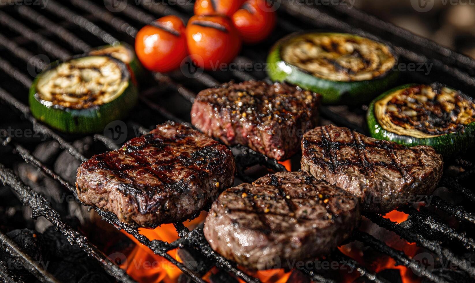 Hot, bright charcoal embers under a metal grill, vegetables and meat caramelizing above photo