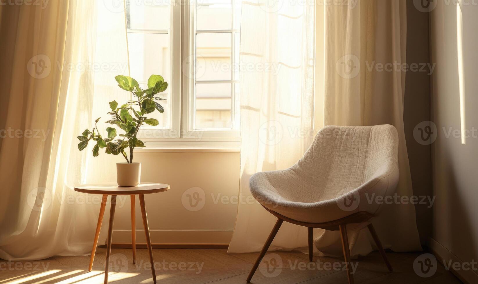 Minimalist reading nook, small window with soft curtains photo