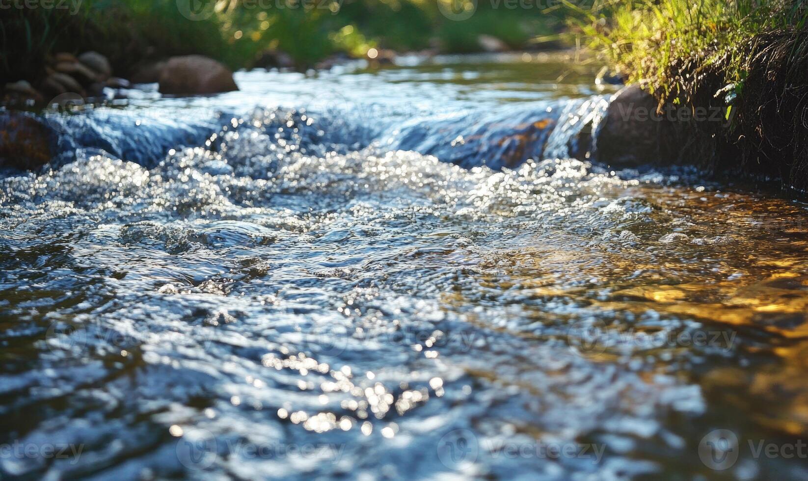 Flowing river with soft ripples, clear water reflecting the sunlight photo
