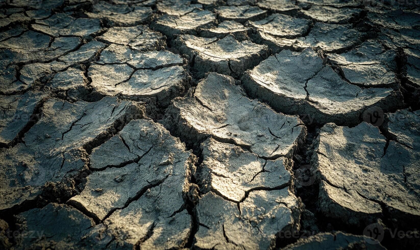 Drought-affected landscape with cracked soil, dry and barren photo