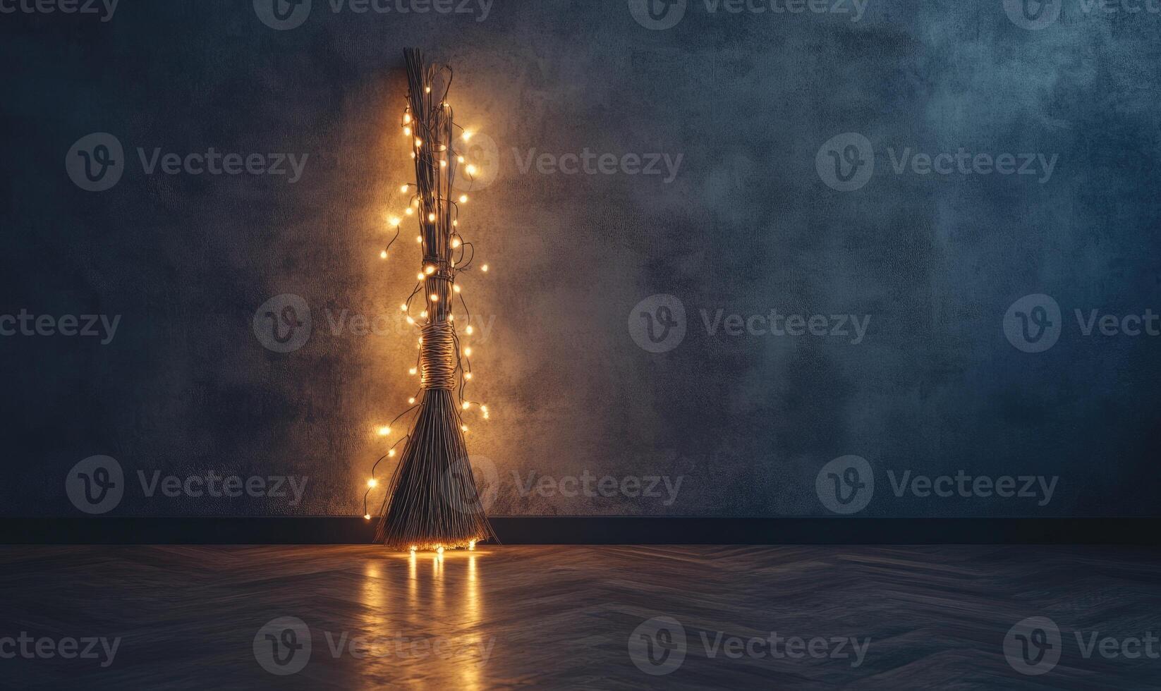 Elegant witch's broom wrapped in fairy lights, standing upright against a smooth gray wall photo