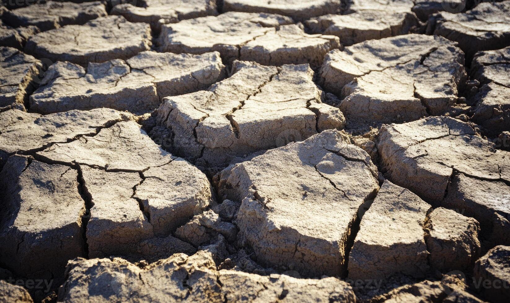 Drought-affected landscape with cracked soil, dry and barren photo