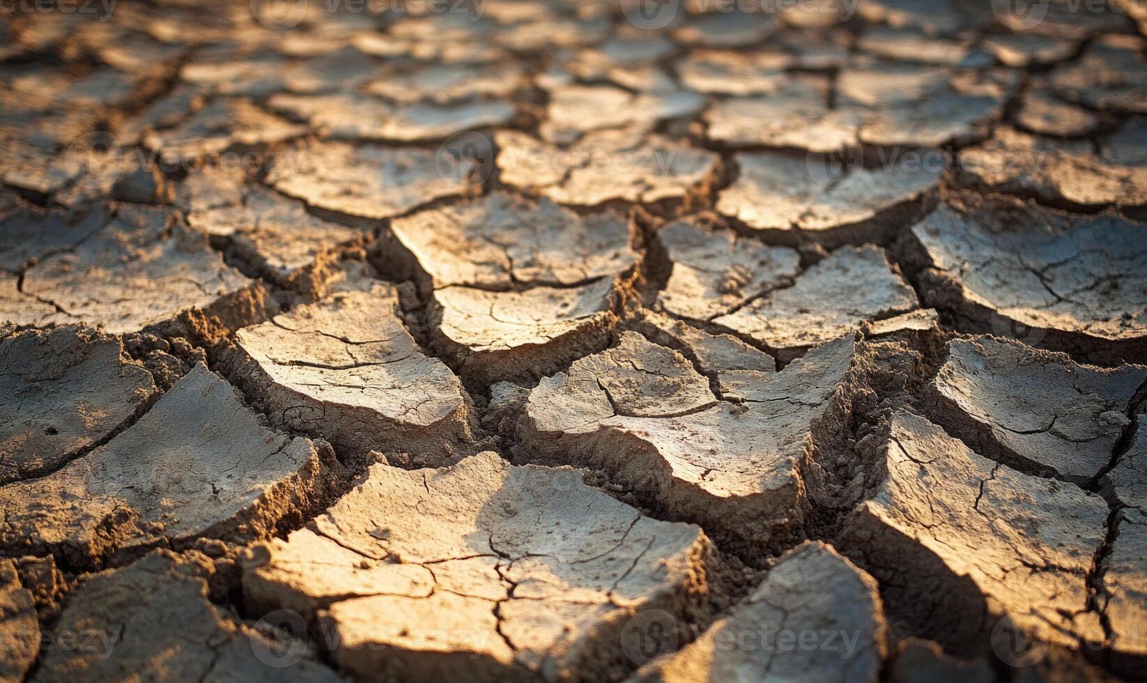 Drought-affected landscape with cracked soil, dry and barren photo