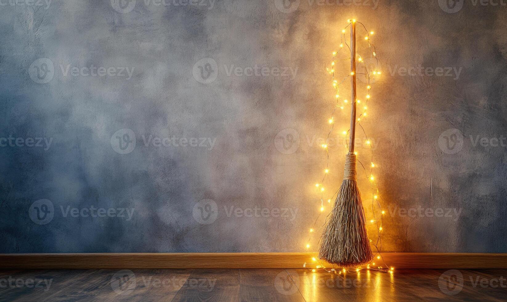 Elegant witch's broom wrapped in fairy lights, standing upright against a smooth gray wall photo
