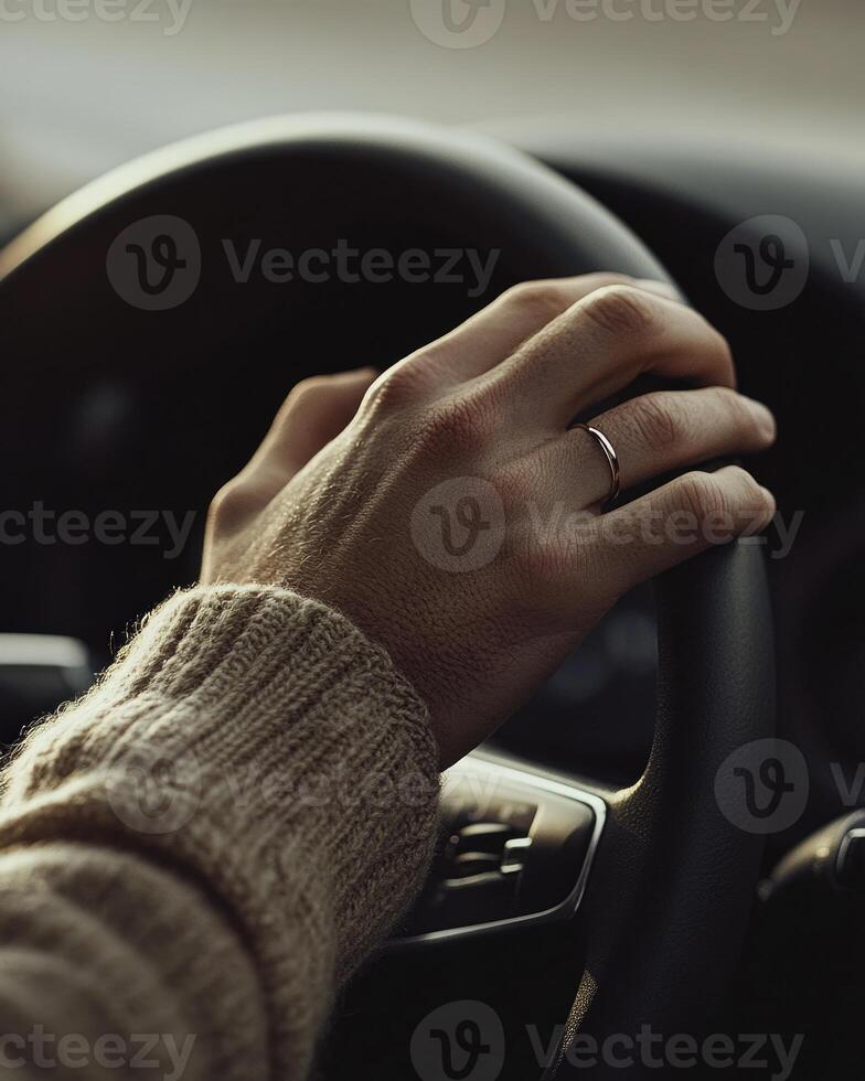 Gentle close-up of male hands on steering wheel photo