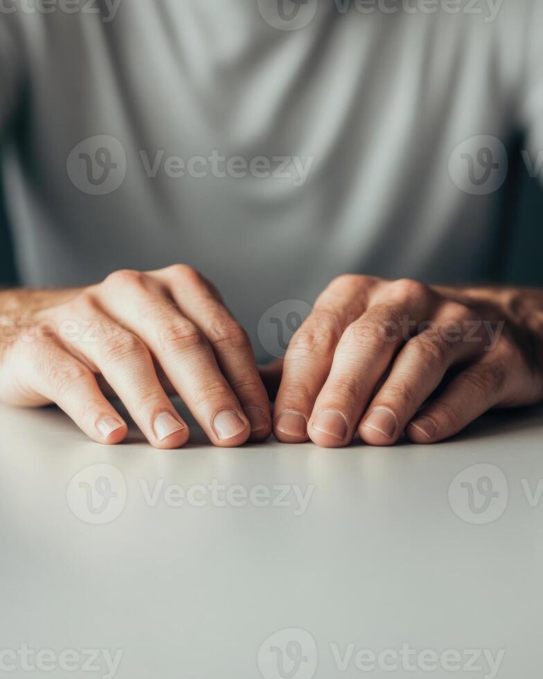 A man's hands are crossed on a table photo