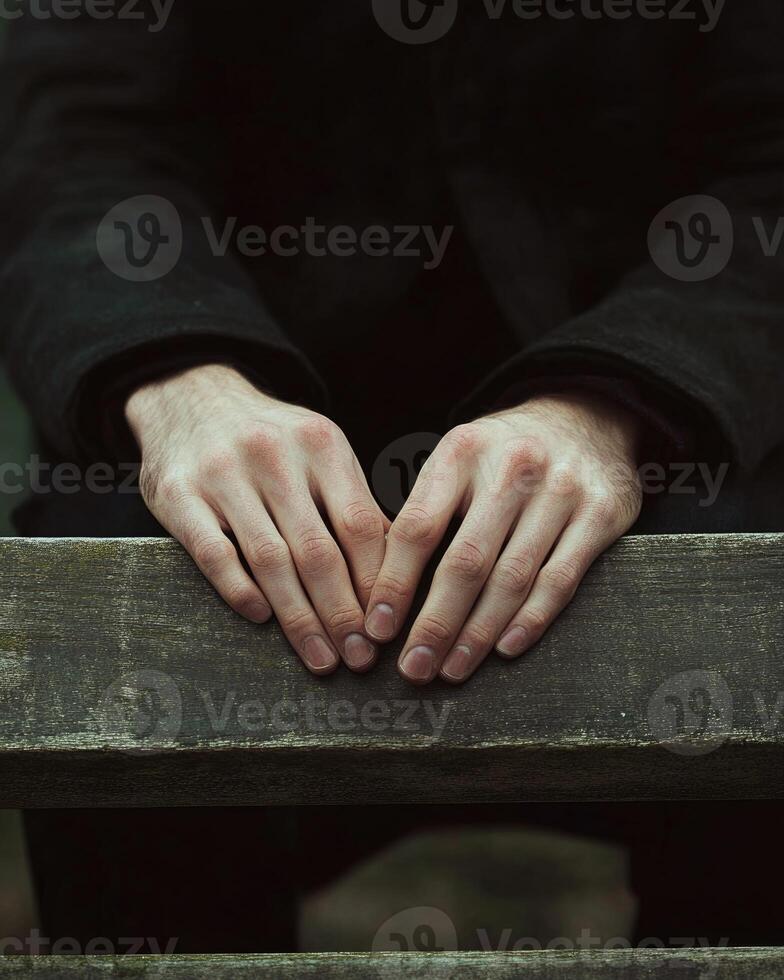 A man is sitting on a bench with his hands clasped together photo