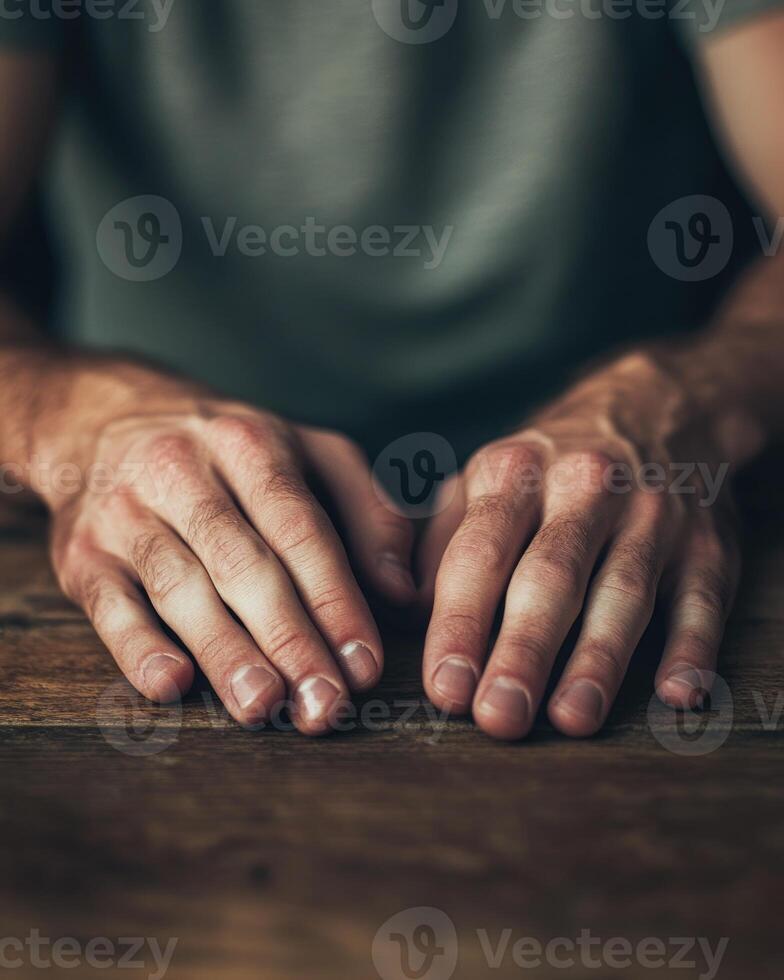 Two hands are resting on a wooden table photo