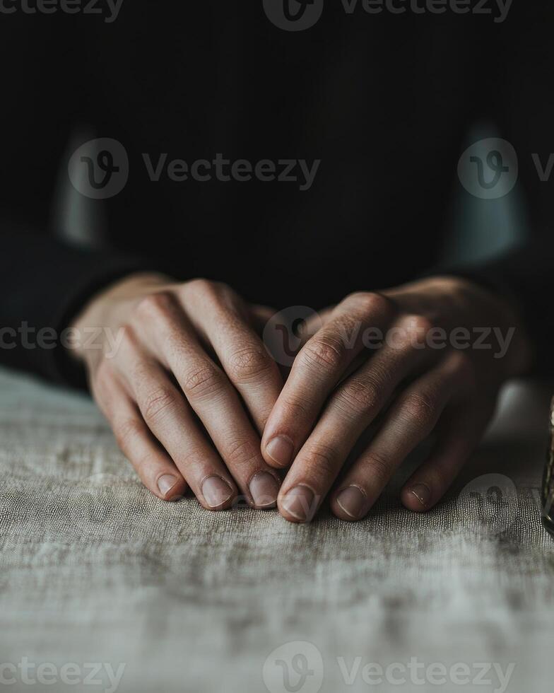 A person's hands are crossed on a table photo