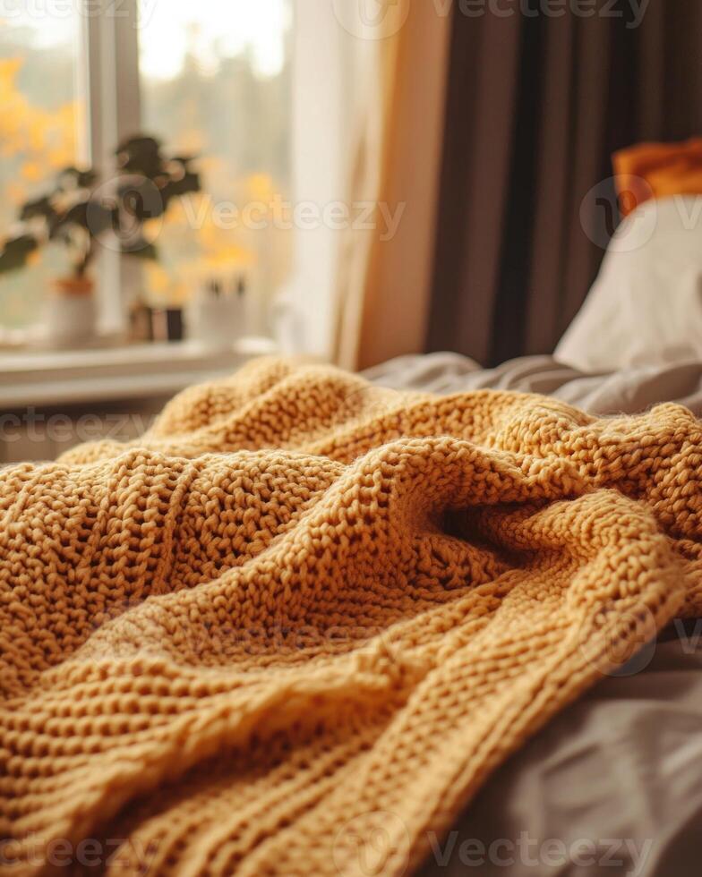 Knitted blanket in fall colors, soft and cozy, resting on the edge of a bed photo