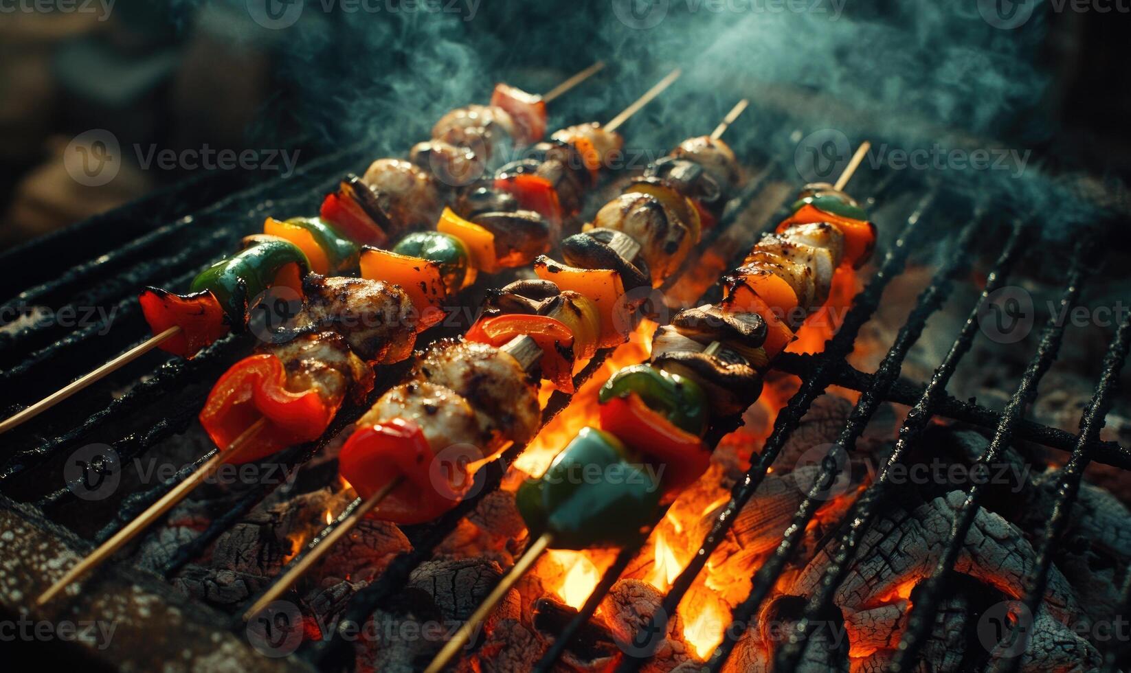 Glowing bed of hot embers, vegetables and meat searing on the grill photo