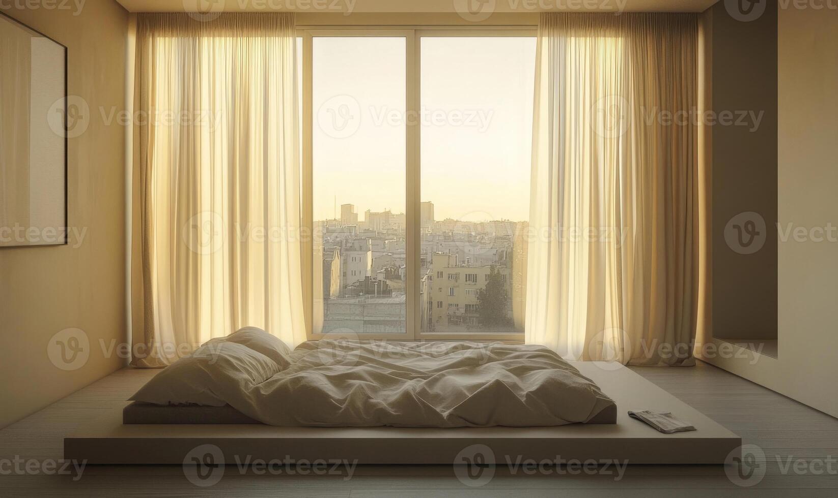 Minimalist bedroom, cream-colored curtains, large window photo