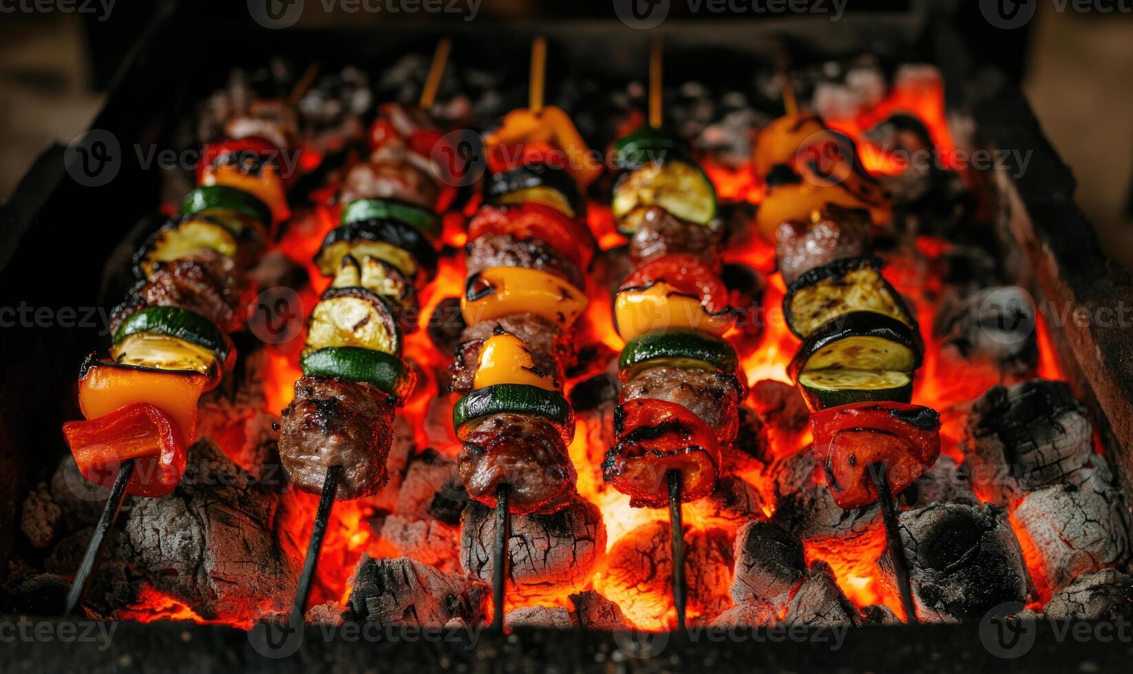 Lamb meat sizzling over hot coals, smoke swirling around the meat photo