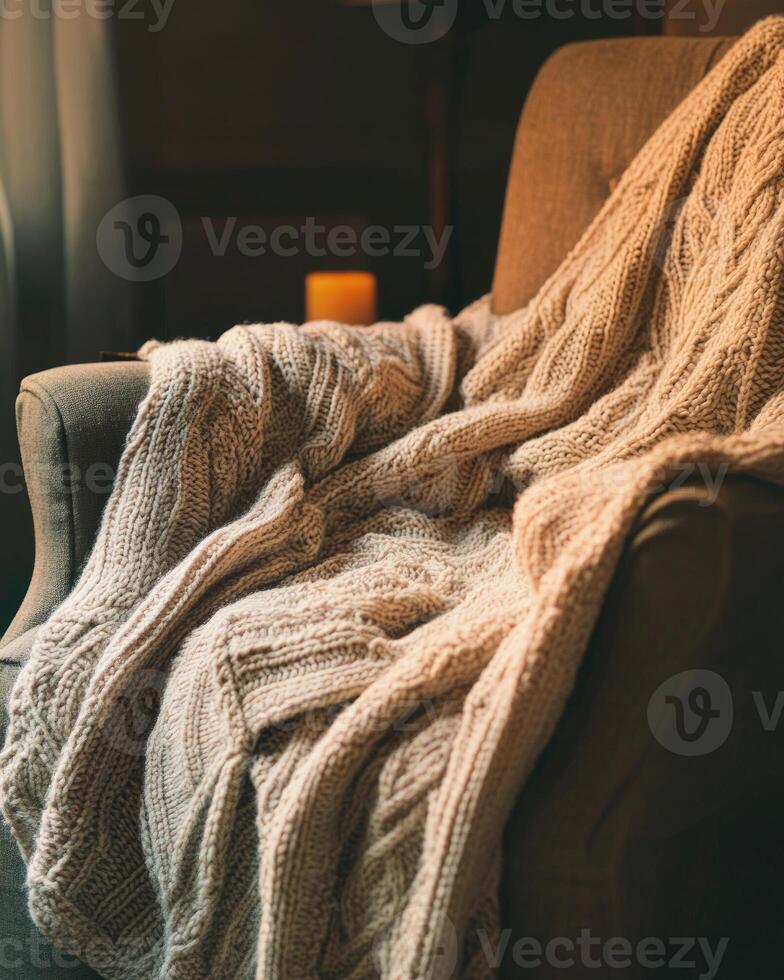 Knitted fall blanket, cozy and inviting, draped over a chair photo
