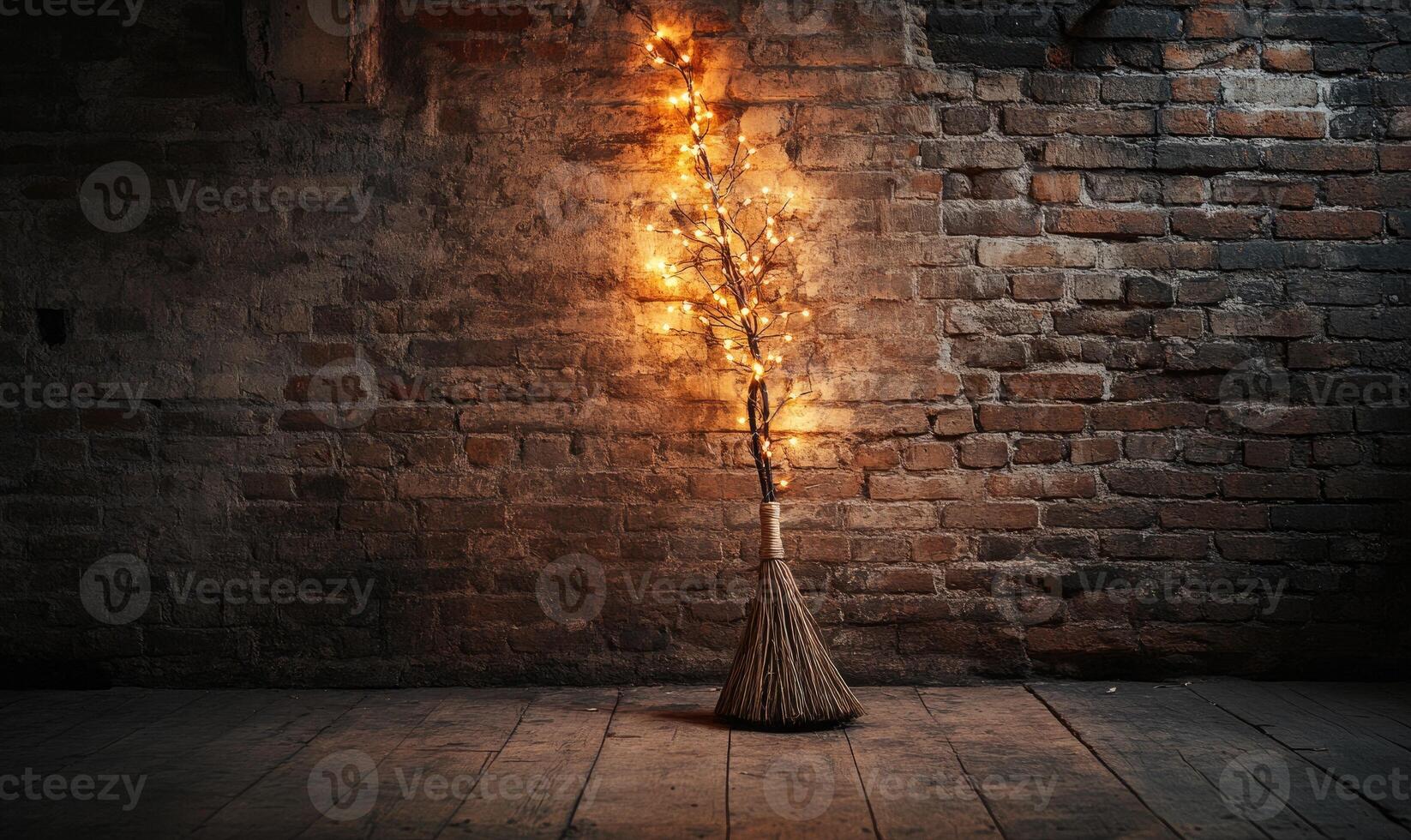 Witch's broom adorned with glowing garlands photo