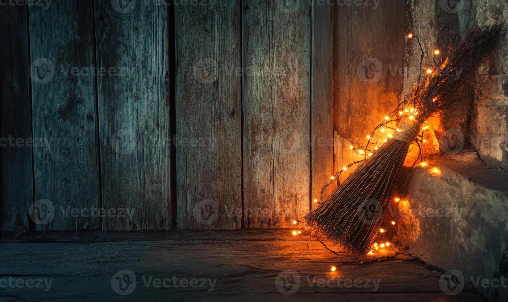 Witch's broom adorned with glowing garlands photo
