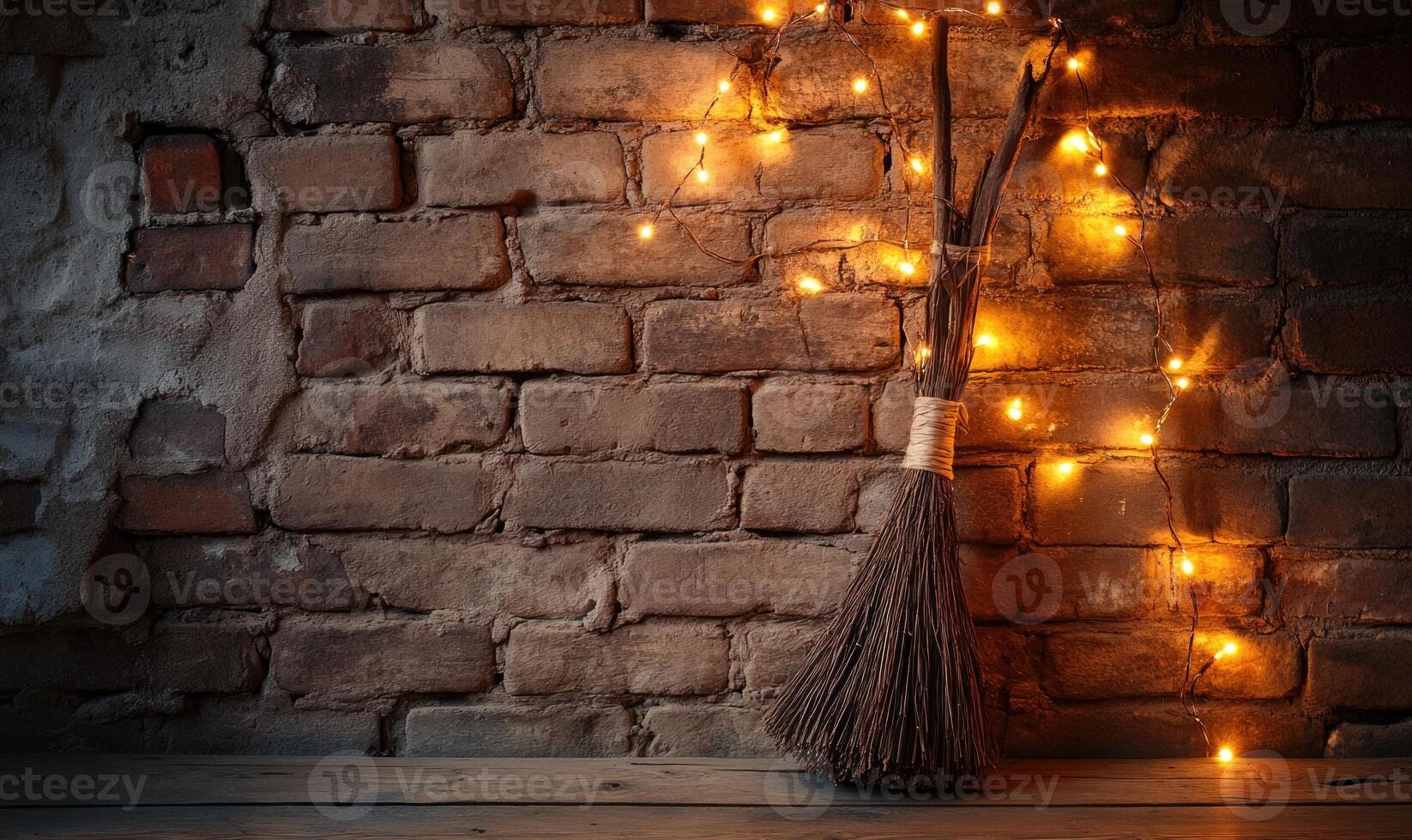 Witch's broom adorned with glowing garlands photo