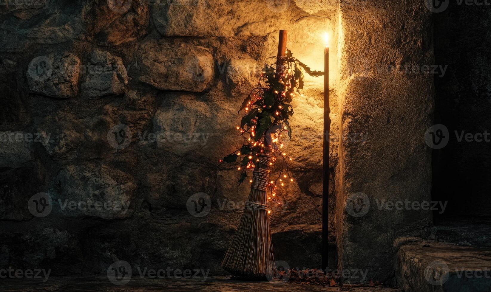 Witch's broom adorned with glowing garlands photo