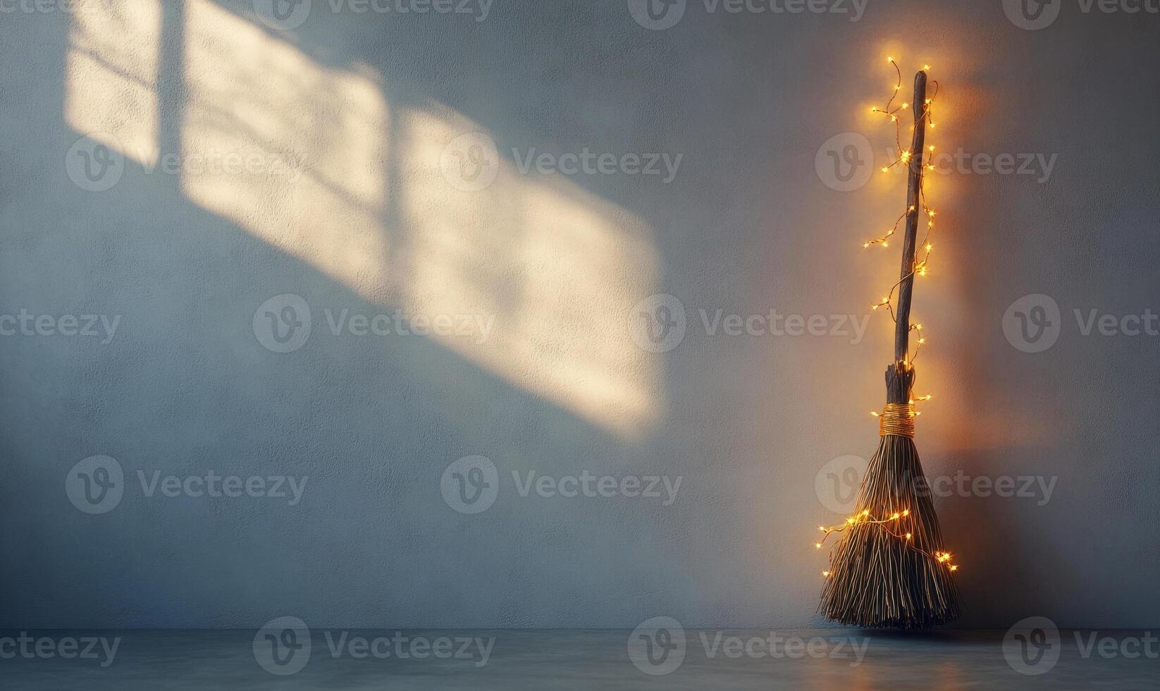 Witch's broom adorned with glowing garlands photo