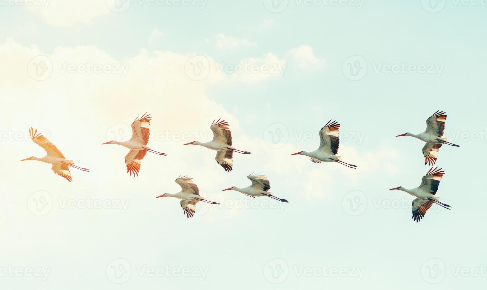 Storks flying across the sky photo