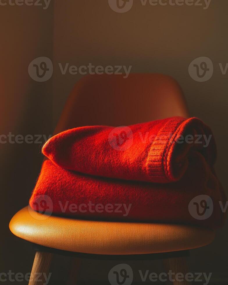 Warm, soft blanket, cozy autumn tones of red and orange photo