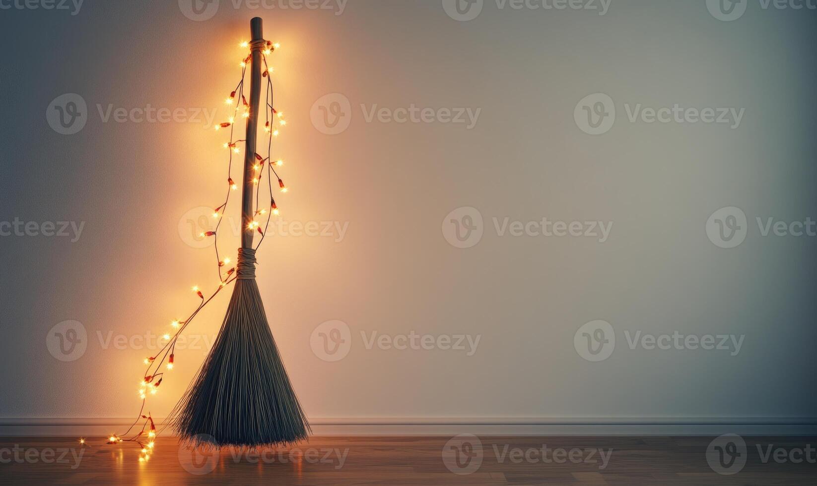 Witch's broom adorned with glowing garlands photo