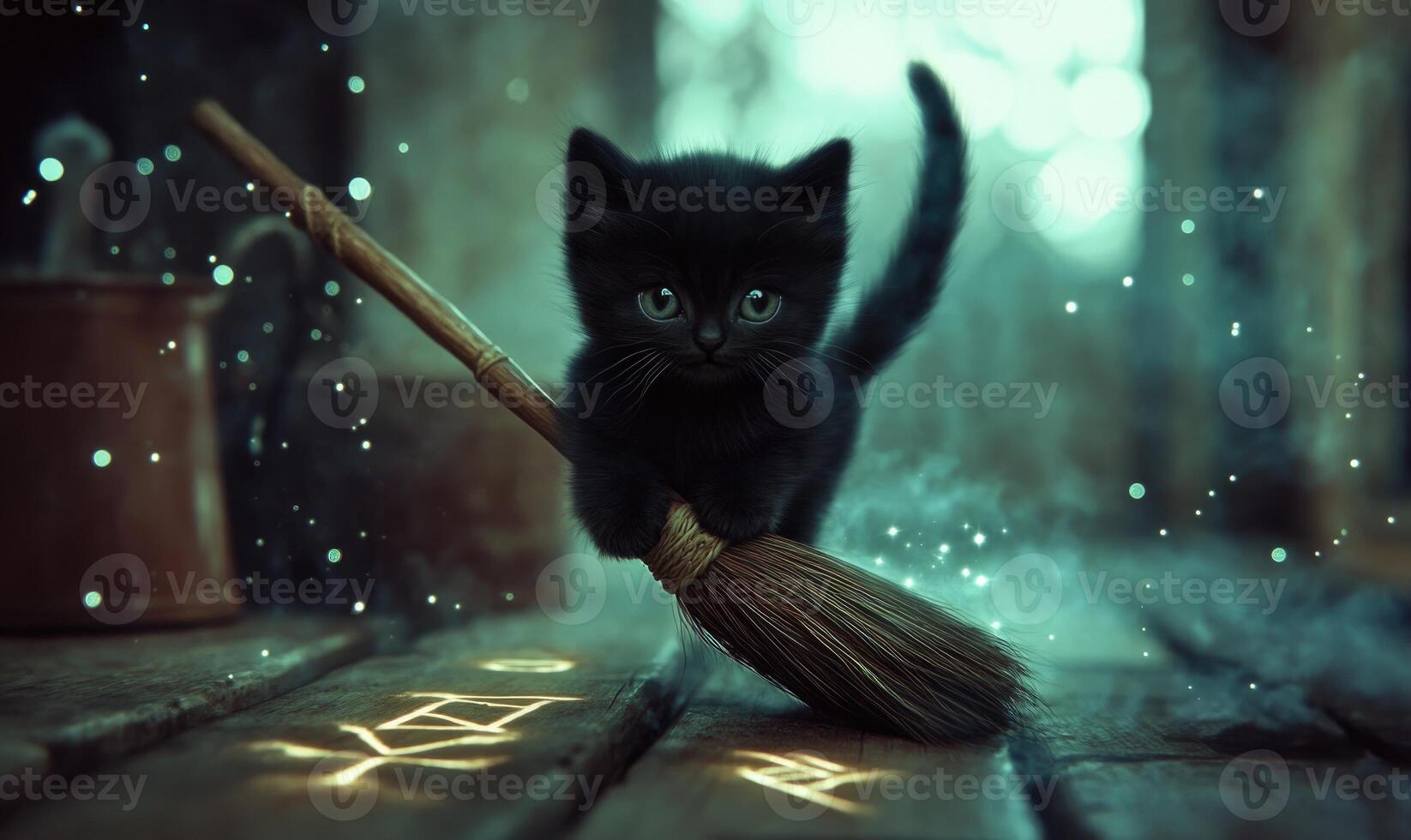 Small black kitten perched on the handle of a broom photo