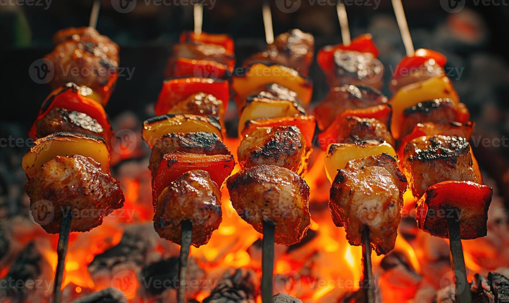 Vegetables and meat skewers above glowing embers photo