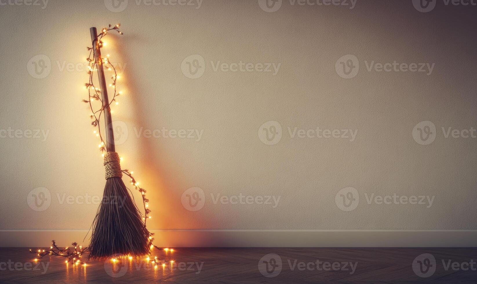 Witch's broom adorned with glowing garlands photo
