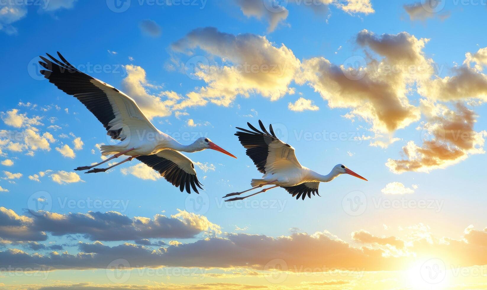 Storks flying across the sky photo