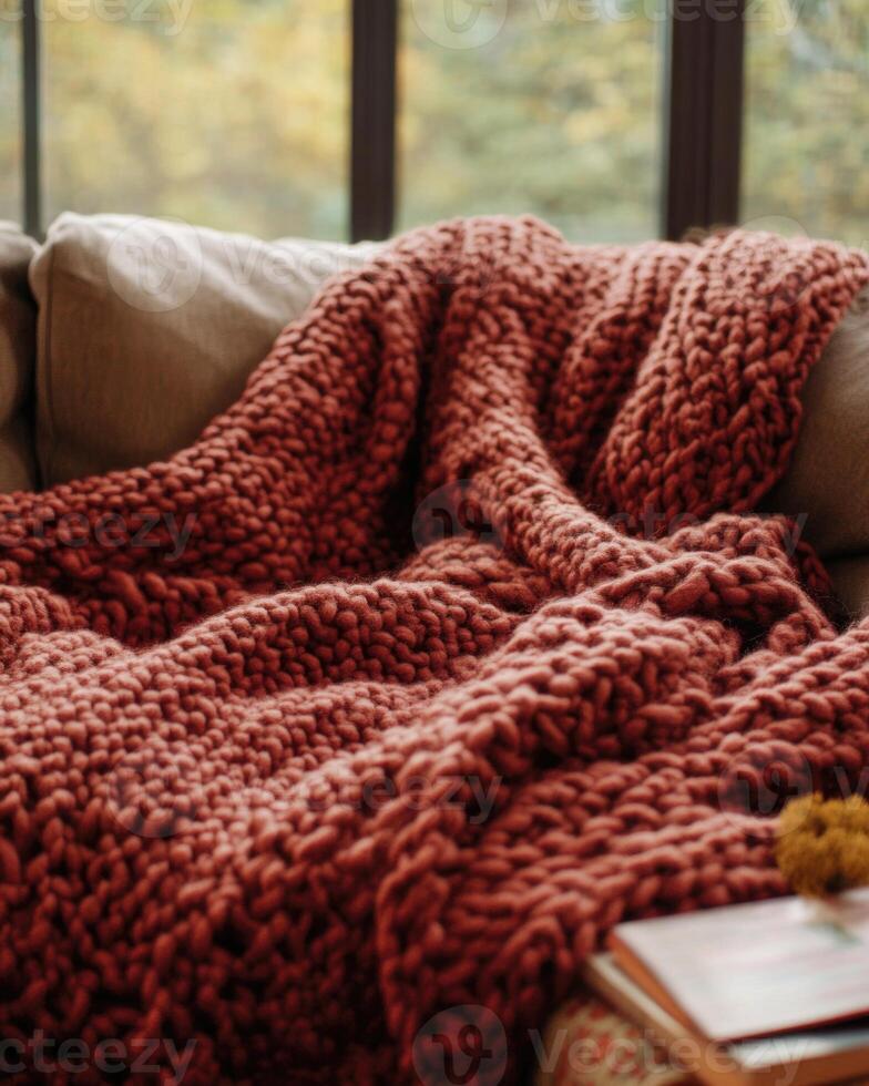 Warm, textured blanket, chunky knit, draped on a couch photo