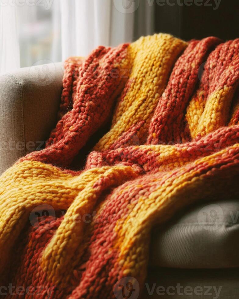 Thick knitted blanket, deep orange and yellow hues photo