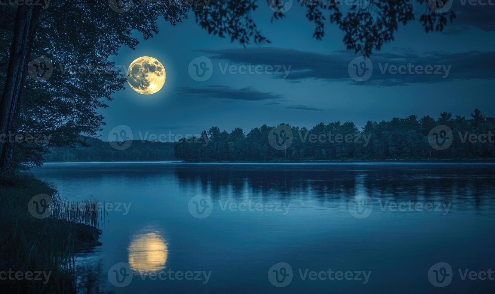 Still water reflecting the glowing full moon photo