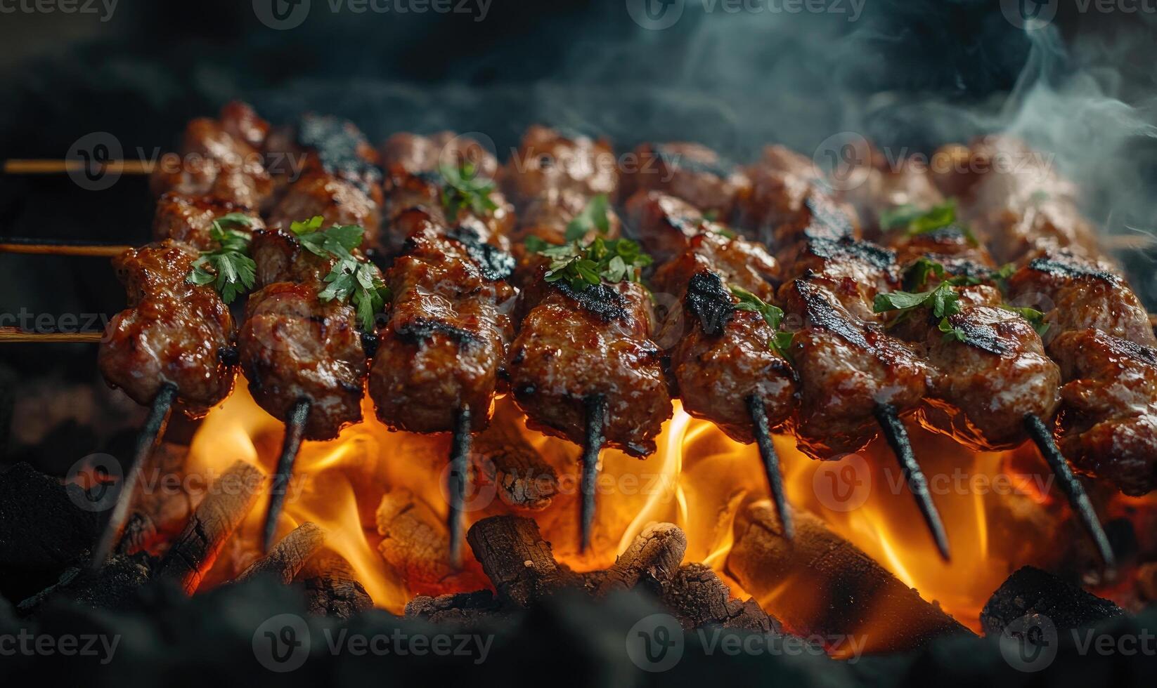 Skewers of lamb shashlik slowly turning over smoldering coals photo