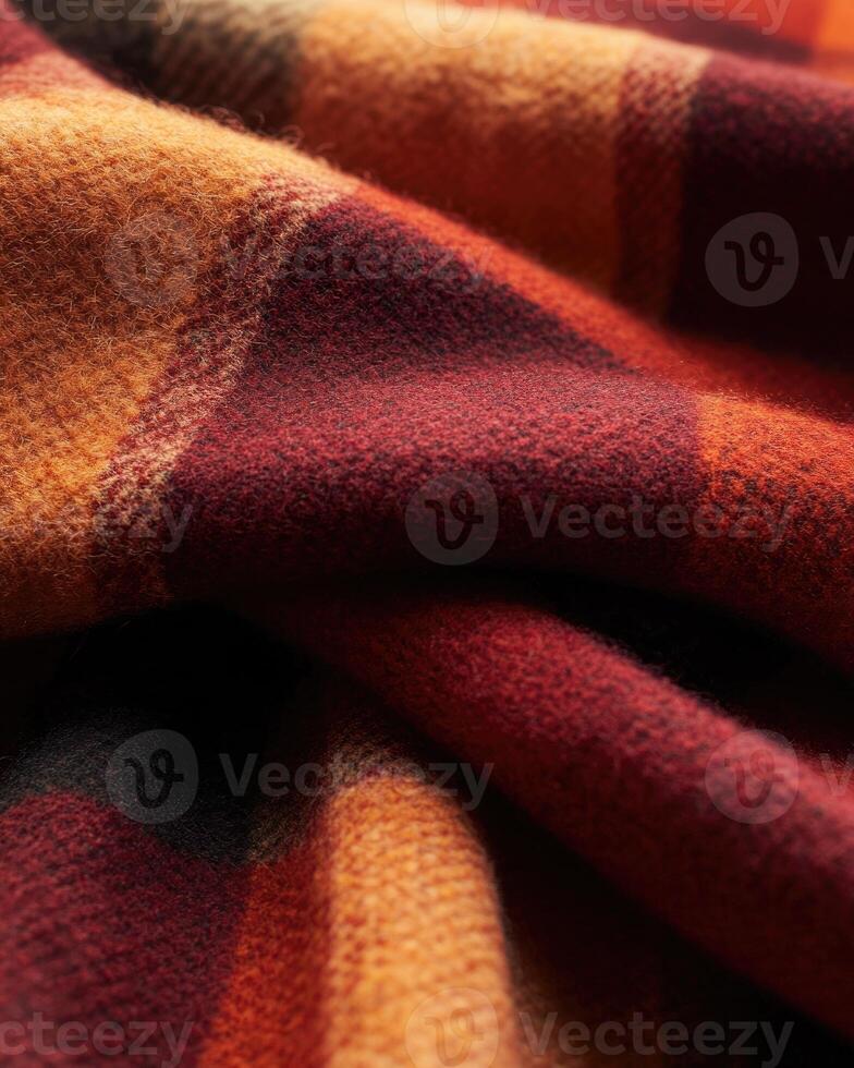 Soft, plaid autumn blanket, warm colors of red and orange photo