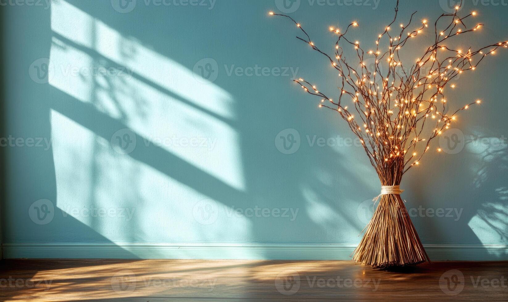Witch's broom adorned with glowing garlands photo