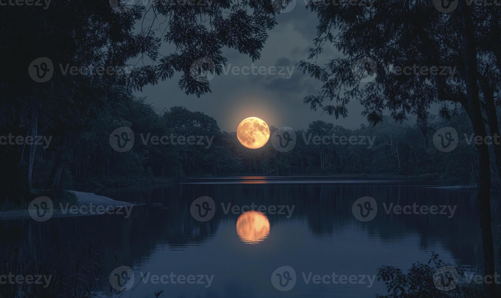 Still water reflecting the glowing full moon photo