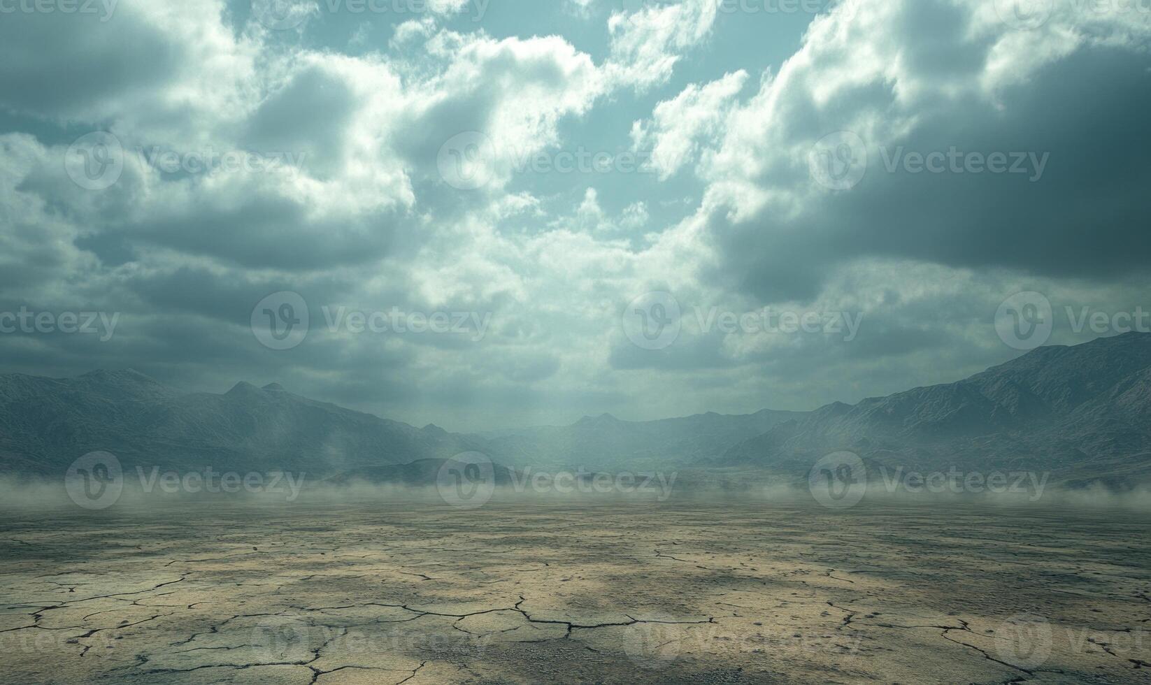 Thick clouds rolling across the sky, casting shadows over a rocky desert landscape photo