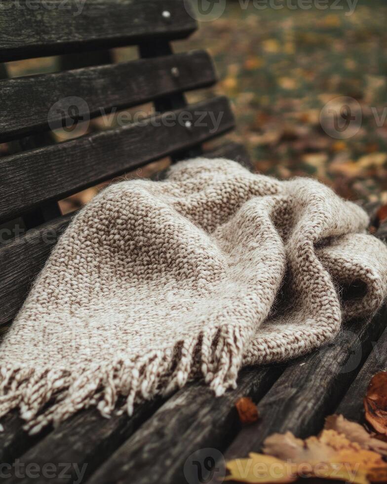 Thick, fluffy autumn blanket, soft wool texture photo