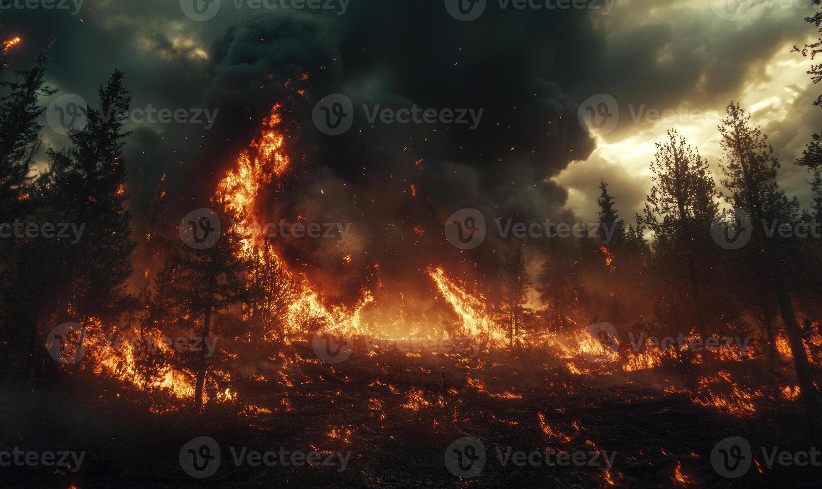 Raging fire spreading through a dense forest, flames climbing high into the treetops photo