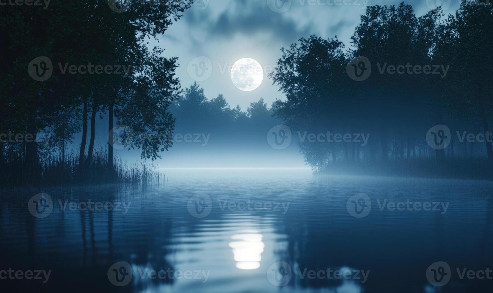 Still pond reflecting the full moon, surrounded by tall trees photo