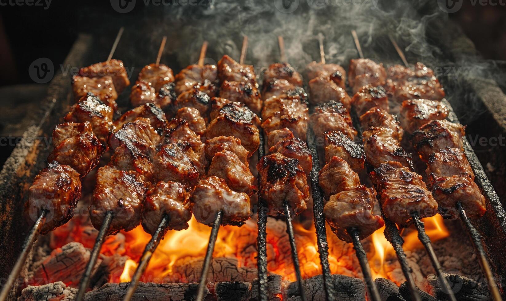 Skewers of lamb shashlik slowly turning over smoldering coals photo