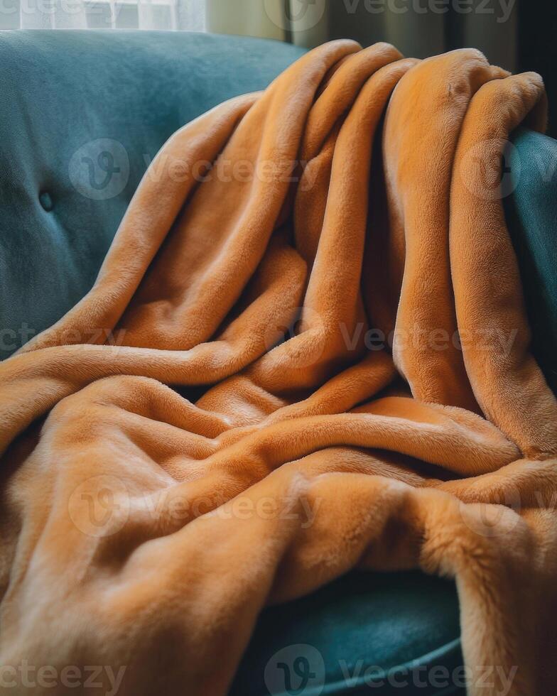 Soft, warm blanket, thick and cozy, folded on a chair photo