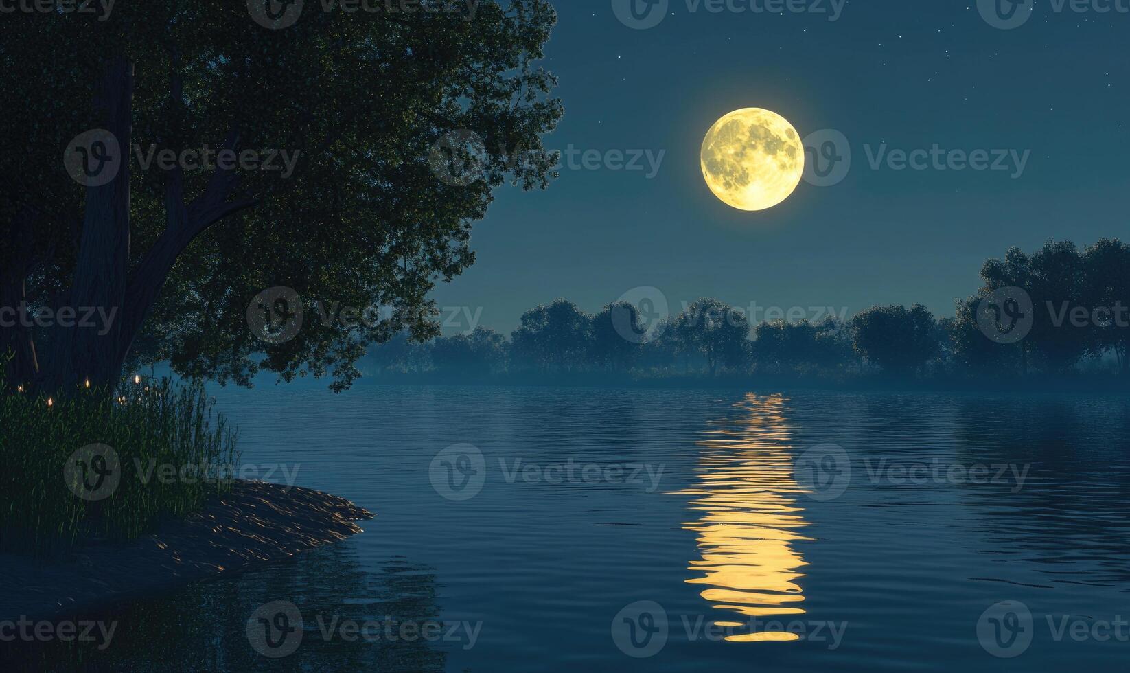 Still water reflecting the glowing full moon photo