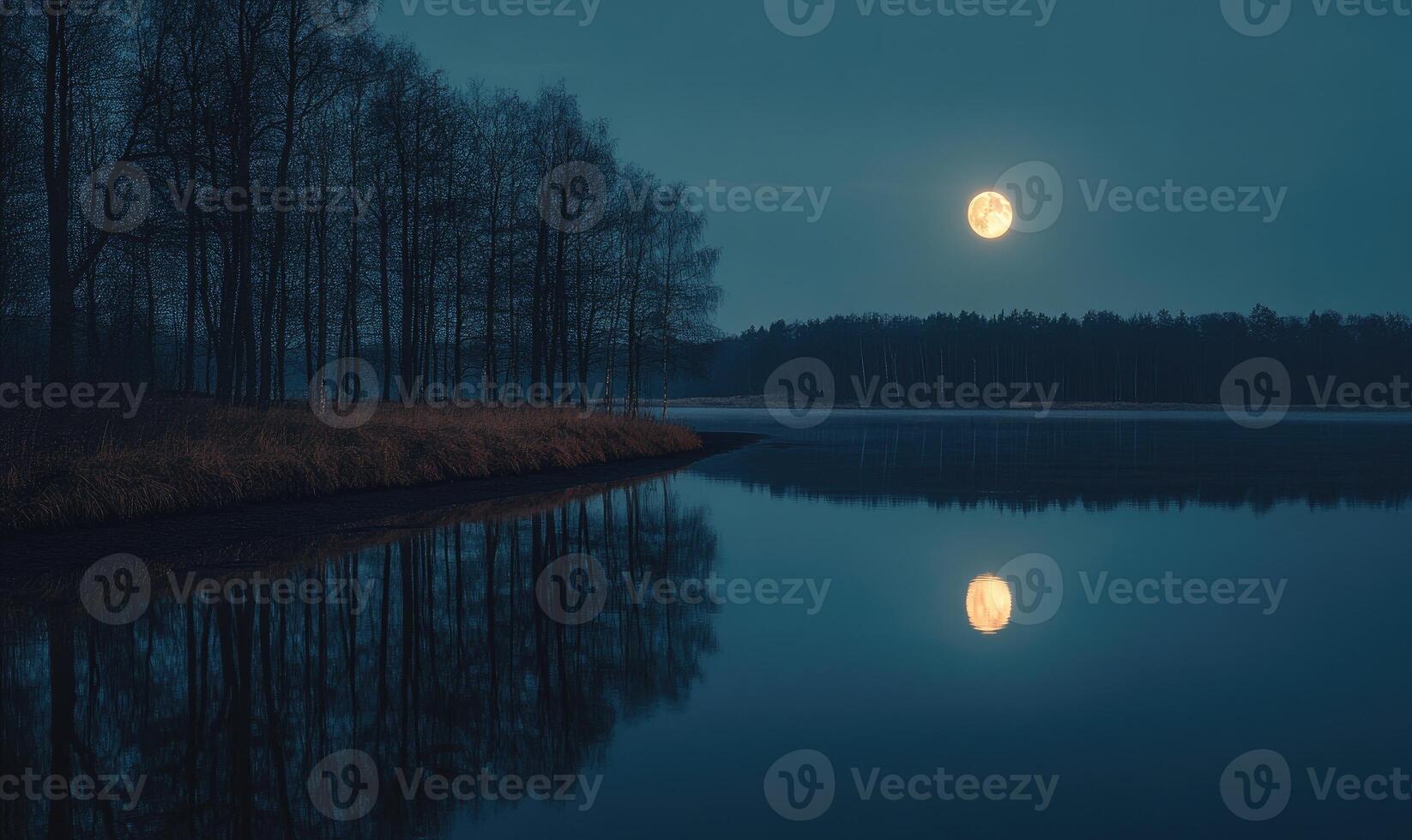 Still water reflecting the glowing full moon photo