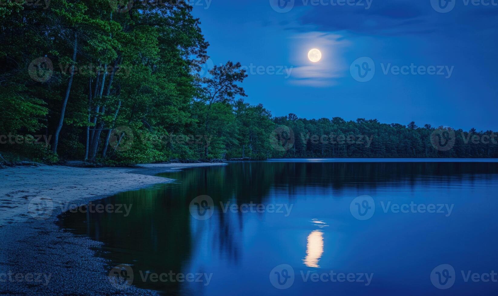 Still water reflecting the glowing full moon photo