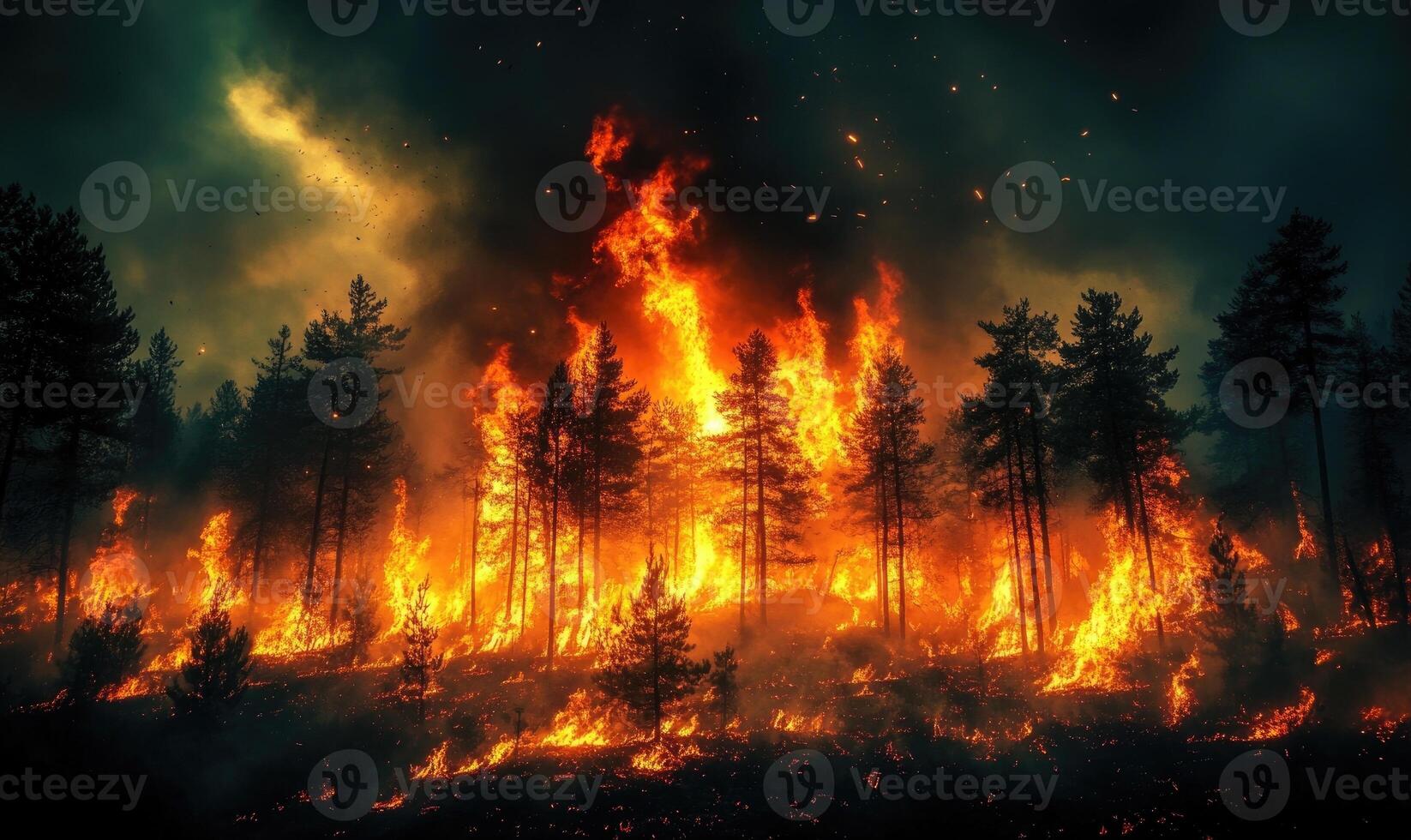 Raging fire spreading through a dense forest, flames climbing high into the treetops photo