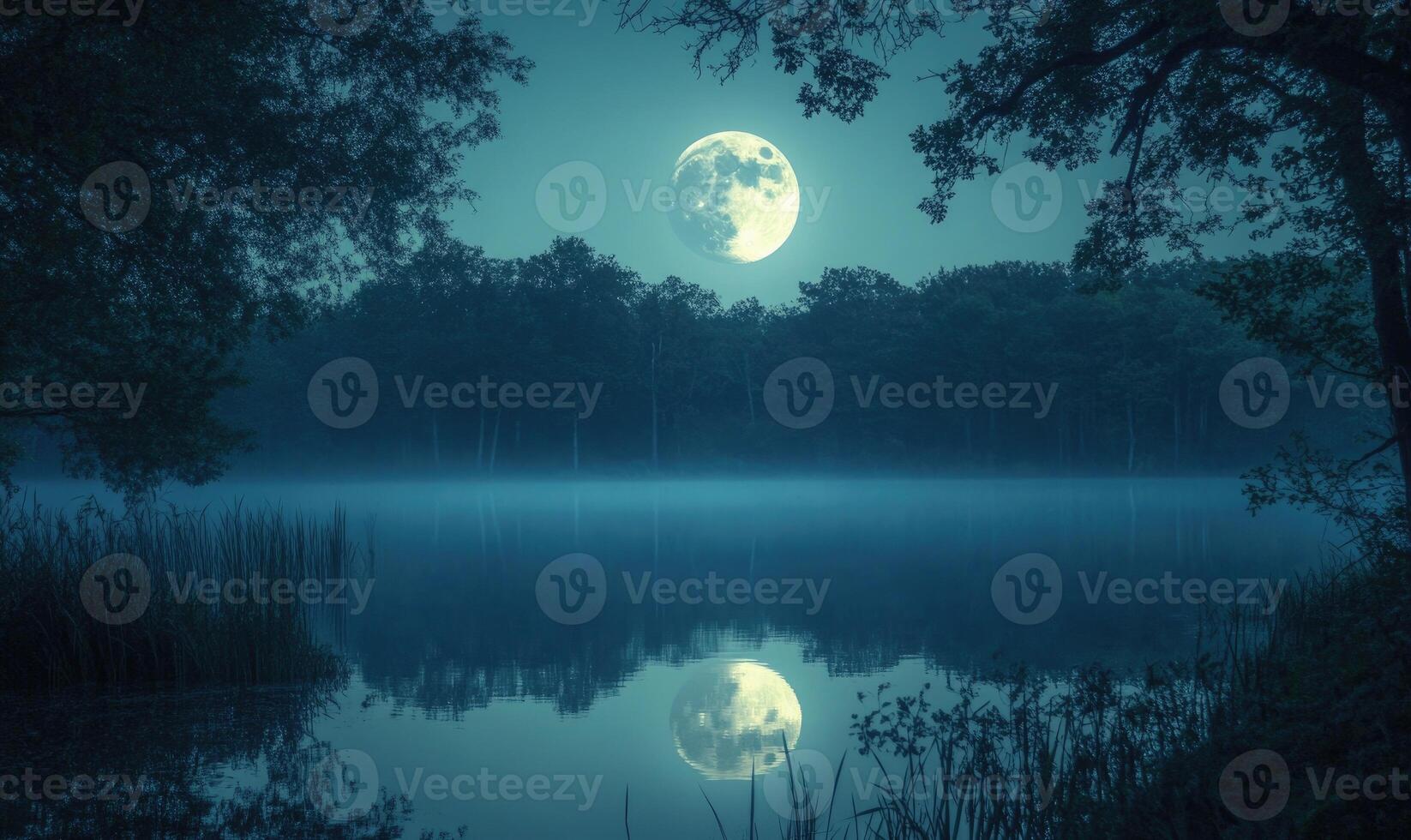 Still pond reflecting the full moon, surrounded by tall trees photo